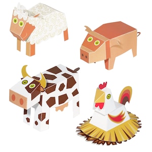 Giocattoli di carta con animali da fattoria - Kit fai da te per lavoretti di carta - Animali di carta 3D - 4 animali da fattoria - Papercraft Kids