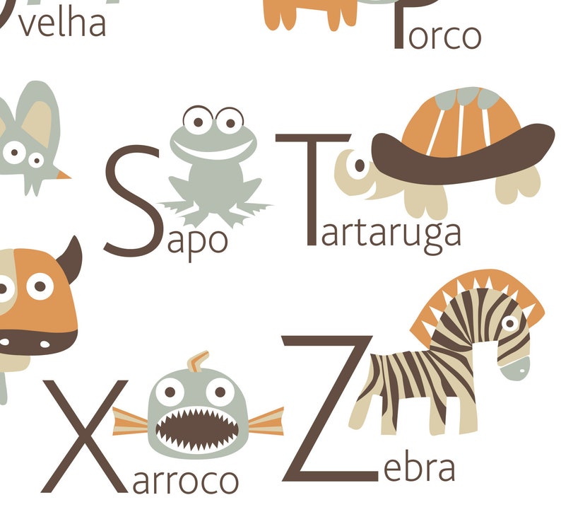 PORTUGUESE Alphabet Poster with animals from A to Z, BIG POSTER 13x19 inches image 3