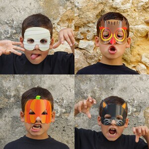 8 Paper Masks Kids Halloween Costume Bat, Devil, Mummy, Frankenstein, Owl, Spider, Cat, Pumpkin Printable Masks image 2