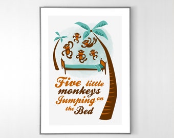 5 Little Monkeys Poster, BIG POSTER 13x19 inches - Baby Children Nursery Ryhme Print - Wall Print Poster