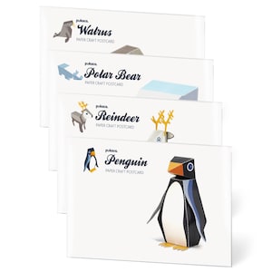 4 cartes postales créatives en papier ICE Animaux - pingouin - renne - ours polaire - morse — À ASSEMBLER