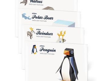 4 ICE Animals Paper Craft Postcards - Penguin - Reindeer - Polar Bear - Walrus — TO ASSEMBLE