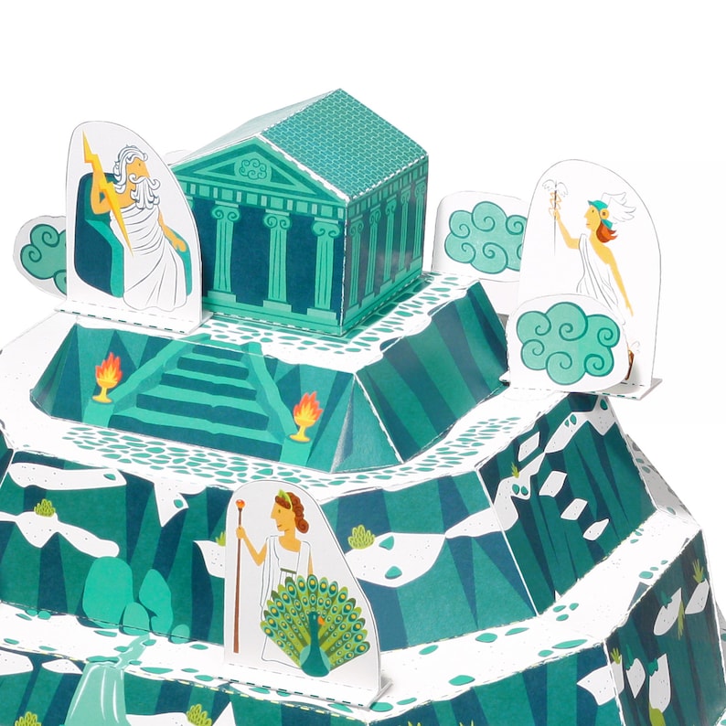Puede incluir: Un modelo de papel de Monte Olimpo, una monta&ntilde;a mitol&oacute;gica griega, con un templo, figuras de dioses griegos y nubes. El modelo est&aacute; hecho de papel verde, blanco y azul.