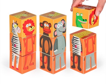 Jungle Animals Blocks - PRINTABLE PDF Toy - DIY Craft Kit Paper Toy - 3 paper blocks - Heads, Arms and Legs  - Birthday Party Favor
