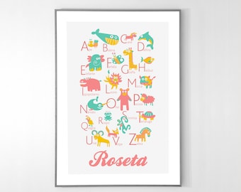 Personalized ITALIAN Alphabet Poster with animals from A to Z, BIG POSTER 13x19 inches
