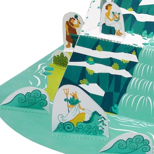 Puede incluir: Una escena de papel recortable que representa un paisaje griego m&iacute;tico con una cascada, un acantilado y figuras de dioses griegos. La escena est&aacute; hecha de papel y presenta una gama de colores azul, verde y blanco.