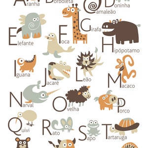 PORTUGUESE Alphabet Poster with animals from A to Z, BIG POSTER 13x19 inches image 2