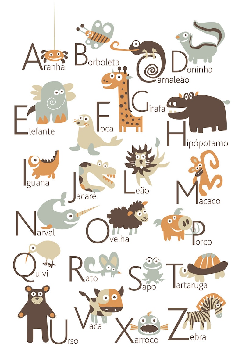 PORTUGUESE Alphabet Poster with animals from A to Z, BIG POSTER 13x19 inches image 2