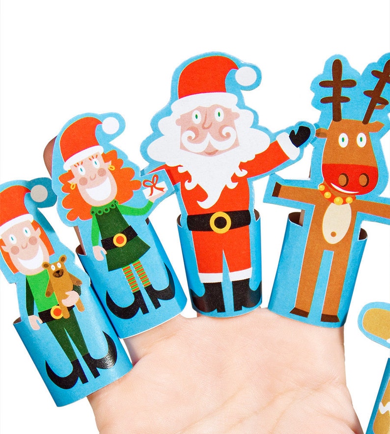 Christmas Paper Finger Puppets PRINTABLE PDF Toy DIY Craft Kit Paper Toy Santa Claus Rudolf Reindeer Elf Ginger Men image 2