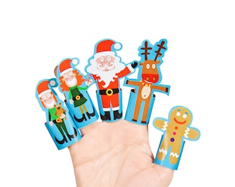 Christmas Paper Finger Puppets - PRINTABLE PDF Toy - DIY Craft Kit Paper Toy - Santa Claus Rudolf Reindeer Elf Ginger Men