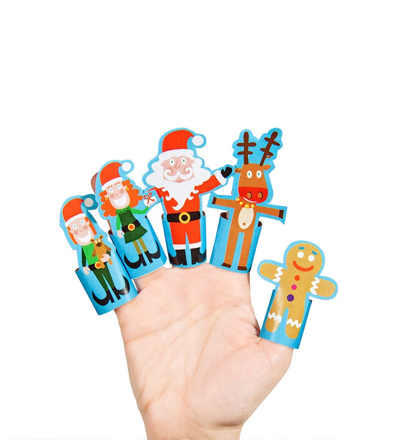 Christmas Paper Finger Puppets PRINTABLE PDF Toy DIY Craft Kit Paper Toy Santa Claus Rudolf Reindeer Elf Ginger Men image 1