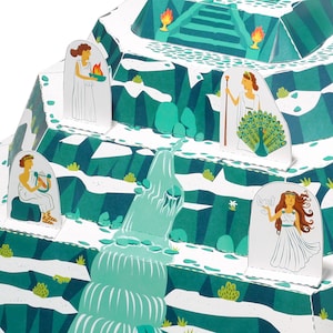 Puede incluir: Un modelo de papel de una monta&ntilde;a con una cascada, una escalera y cuatro figuras. Las figuras est&aacute;n vestidas de blanco y tienen diferentes accesorios, incluyendo un arpa, una antorcha, un pavo real y una paloma.