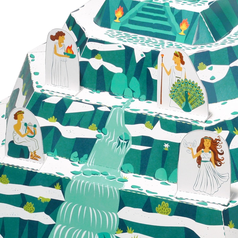 Puede incluir: Un modelo de papel de una monta&ntilde;a con una cascada, una escalera y cuatro figuras. Las figuras est&aacute;n vestidas de blanco y tienen diferentes accesorios, incluyendo un arpa, una antorcha, un pavo real y una paloma.