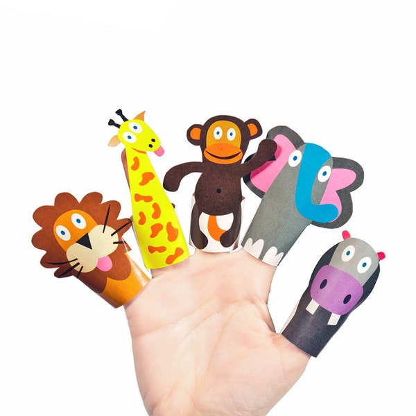 Jungle Animals Paper Finger Puppets - PRINTABLE PDF Toy - DIY Craft Kit Paper Toy - Lion, Giraffe, Monkey, Elephant, Hippo - Party Favor