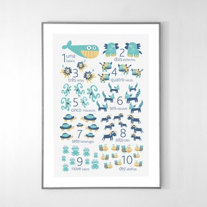 Póster de números en portugués con animales del 1 al 10 - CARTEL GRANDE 13x19 pulgadas