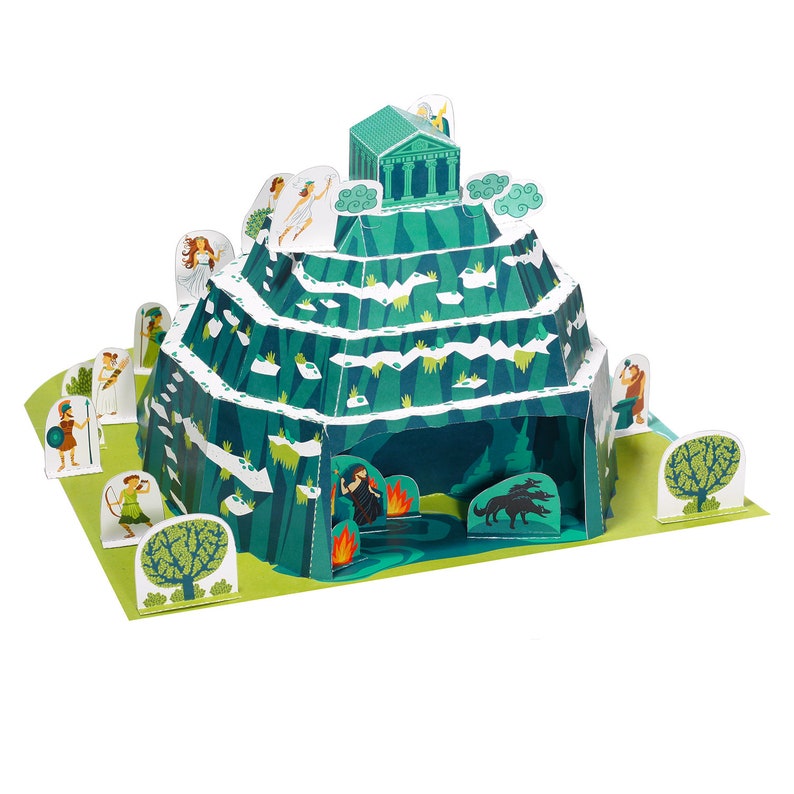 Puede incluir: Un modelo de monta&ntilde;a de papel desplegable con un templo en la cima. La monta&ntilde;a es verde y blanca con una abertura de cueva en la base. Hay varias figuras de personas y animales alrededor de la monta&ntilde;a.