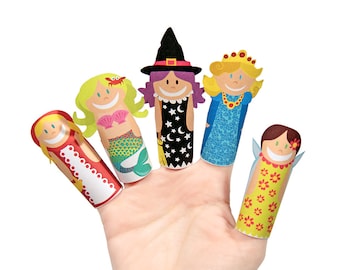 Fantasy Girls Paper Finger Puppets - PRINTABLE PDF Toy - DIY Craft Kit Paper Toy - Birthday Party Favor