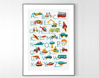 Póster del alfabeto de transportes en francés de la A a la Z - Colores azules - PDF IMPRIMIBLE
