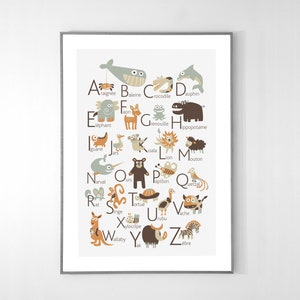 Póster del alfabeto francés con animales de la A a la Z, póster grande de 13 x 19 pulgadas