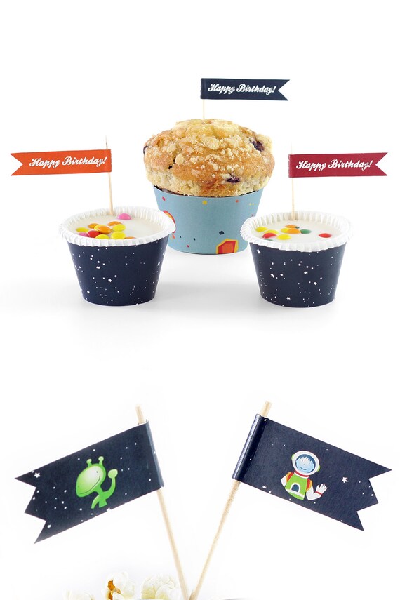 Printable Party Cupcakes Kit Cupcake Wraps Straw Flags Cupcake Toppers Mini Flags Space Party
