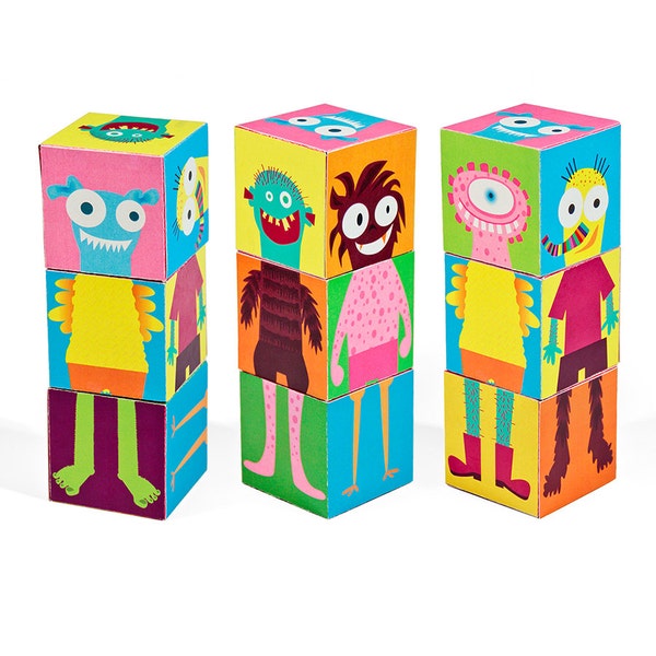 Monsters Blocks - PRINTABLE PDF Toy - DIY Craft Kit Paper Toy - 3 paper blocks - Heads, Arms and Legs  - Birthday Party Favor