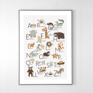 Póster del alfabeto portugués con animales de la A a la Z, póster grande de 13 x 19 pulgadas