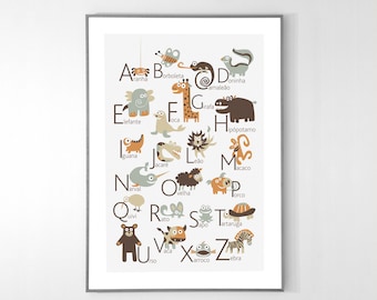 PORTUGUESE Alphabet Poster with animals from A to Z, BIG POSTER 13x19 inches