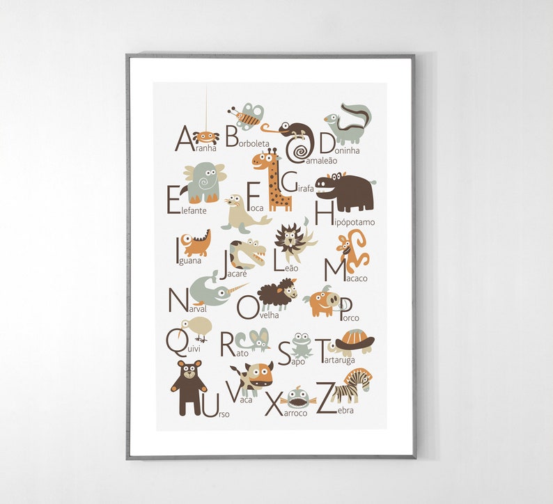 PORTUGUESE Alphabet Poster with animals from A to Z, BIG POSTER 13x19 inches image 1