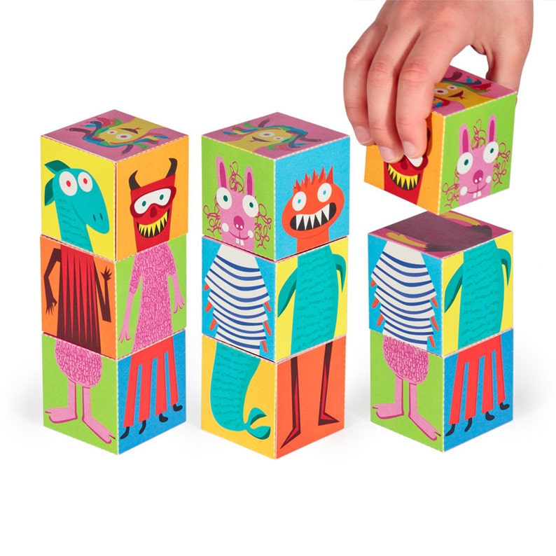 Monsters Blocks 2 PRINTABLE PDF Toy DIY Craft Kit Paper Toy 3 paper blocks Heads, Arms and Legs Birthday Party Favor image 1