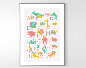 ITALIAN Alphabet Poster with animals from A to Z, BIG POSTER 13x19 inches