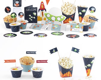 Space Party - Printable Party Kit - Gift Box - Pop-up Invitation - Pennants Banners - Cupcake Toppers - Masks - Stickers