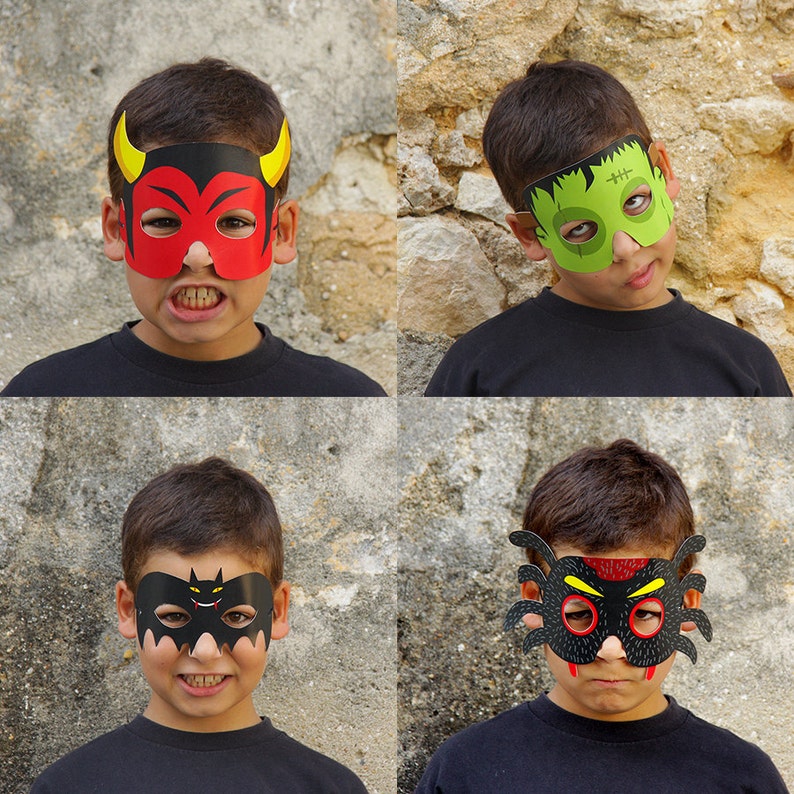 8 Paper Masks Kids Halloween Costume Bat, Devil, Mummy, Frankenstein, Owl, Spider, Cat, Pumpkin Printable Masks image 1