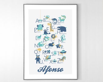 Personalized PORTUGUESE Alphabet Poster with animals from A to Z, BIG POSTER 13x19 inches