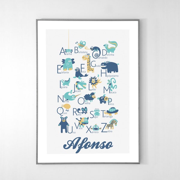 Personalized PORTUGUESE Alphabet Poster with animals from A to Z, BIG POSTER 13x19 inches