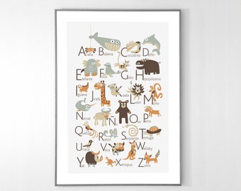 SPANISH Alphabet Poster with animals from A to Z, BIG POSTER 13x19 inches
