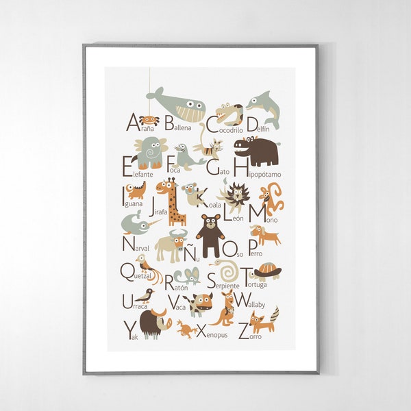 Affiche de l'alphabet ESPAGNOL avec des animaux de A à Z, GRAND POSTER 33 x 50 cm