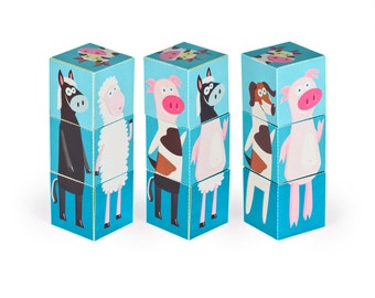 Farm Animals Blocks - Blue - PRINTABLE PDF Toy - DIY Craft Kit Paper Toy - 3 paper blocks - Heads, Arms and Legs  - Birthday Party Favor