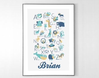 Personalized ENGLISH Alphabet Poster with animals from A to Z, BIG POSTER 13x19 inches