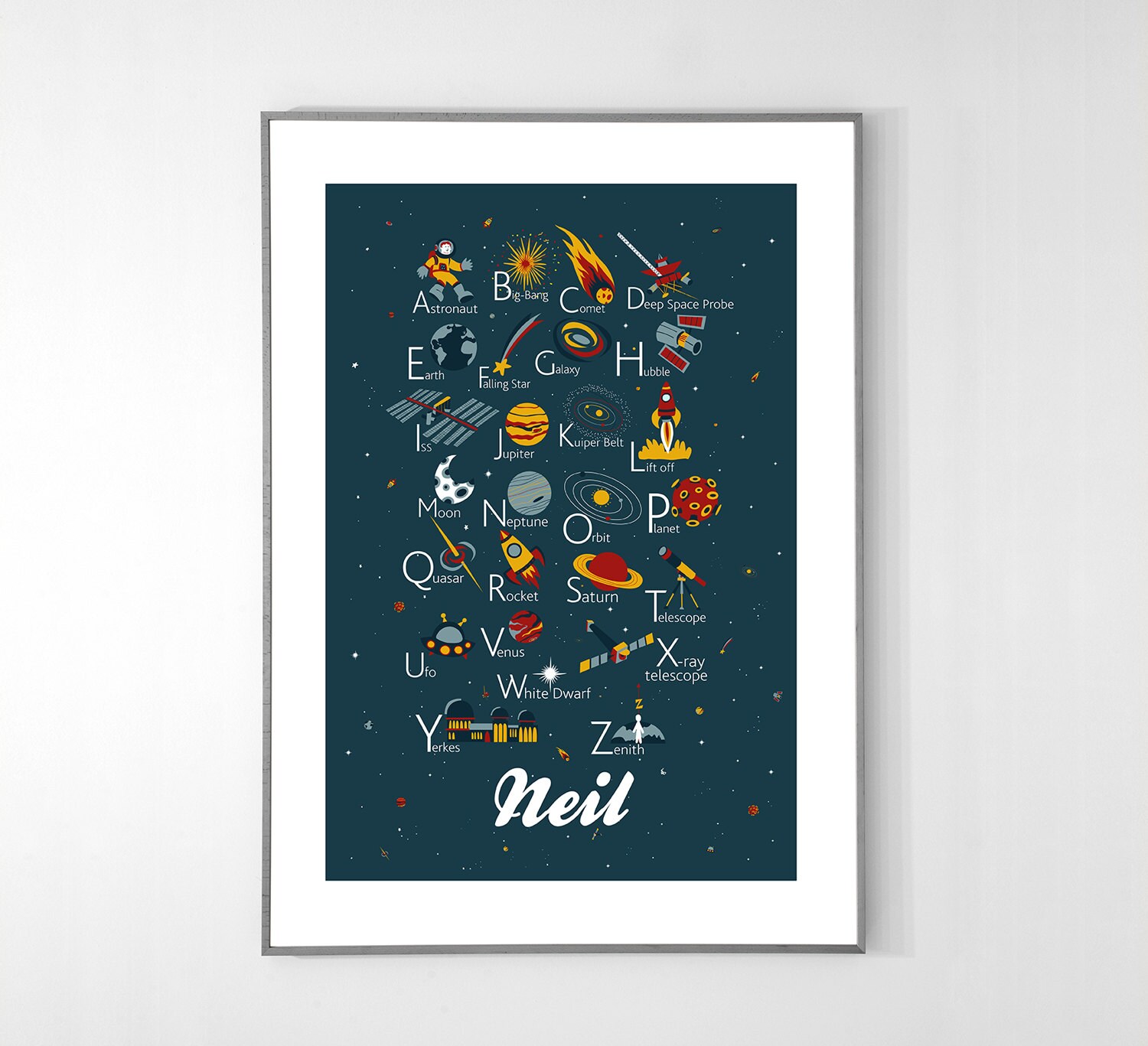 Personalized ENGLISH Space Alphabet Poster from A to Z, BIG POSTER 13x19 inches