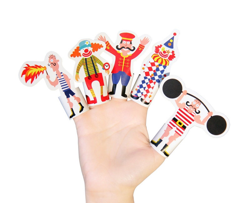 Circus Paper Finger Puppets PRINTABLE PDF Toy DIY Kit Paper Toy Birthday Party Favor image 1