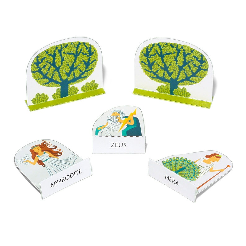 Puede incluir: Cinco piezas de juego de cart&oacute;n de colores con ilustraciones de dioses y diosas griegos. Las piezas incluyen Zeus, Hera, Afrodita y dos &aacute;rboles.