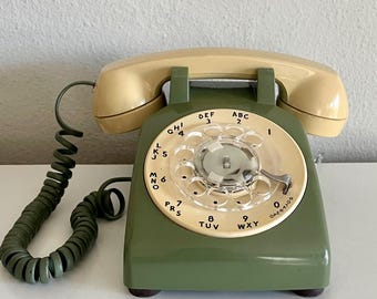 Working Vintage Avocado Green and Beige Rotary Phone Western Electric Telephone