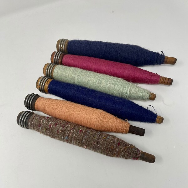 Vintage Textile Wood Spools Bobbins Six Spindles Thread Yarn