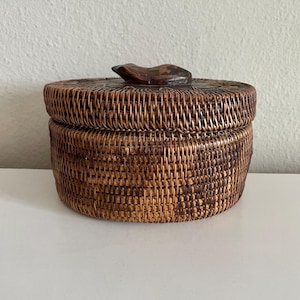 Vintage Hand Made Woven Basket with Hand Carved Wooden Frog