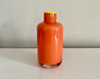 Hand Blown Art Glass 5" Vase Orange with Yellow Rim