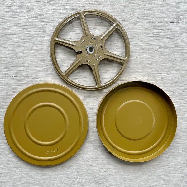 Vintage Film Reel 5" and Canister Mustard Yellow Dual 8