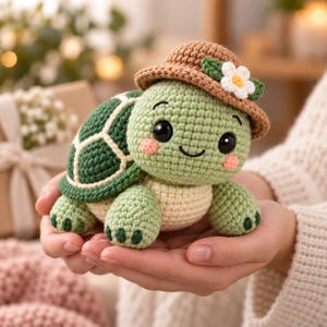 Virkat sköldpadda-amigurumimönster i PDF-format | Daisy-mössa och plysch | Digital nedladdning av gosedjur
