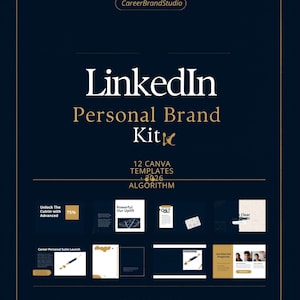 May include: A navy blue graphic with the text "LinkedIn Personal Brand Kit" and "12 Canva Templates". The design includes sample layouts and the text "CareerBrandStudio", "Instant Download", and "Free Canva Account".