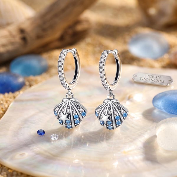 Sterling Silver Seashell Hoop Earrings with Blue Zirconia – Nautical Starfish Dangle Beach Jewelry