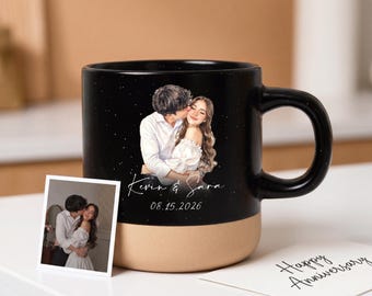 Taza de cerámica personalizada con foto en acuarela, taza de cerámica hecha a mano, taza de café - regalo de aniversario para ella, taza de café personalizada con foto, regalo para él.